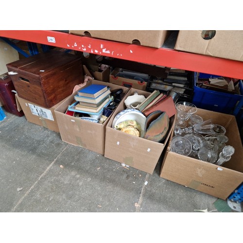 188 - 2 boxes of mixed ceramics, a box of glass, a box of blankets, and a leather travel/vanity case and c... 