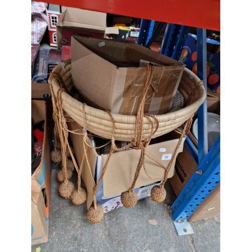 190 - A mixed lot comprising wicker hanging basket, beaded ceiling light fitting, shells fitted with light... 