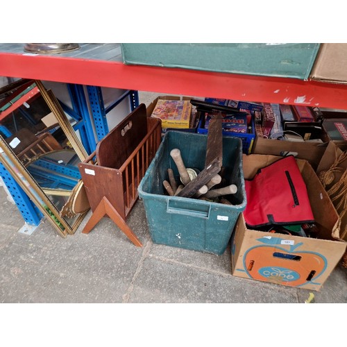 191 - 2 boxes of tools including cable reels, electric drill, metal T square, shears, trowels, magazine ra... 