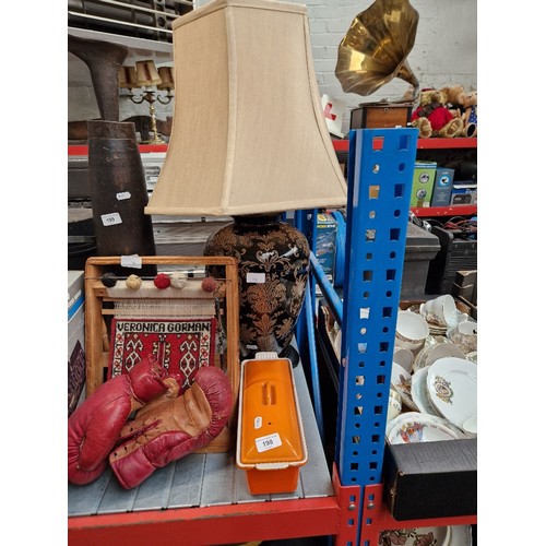 198 - A modern table lamp with shade and a Le Cruset style orange pot.