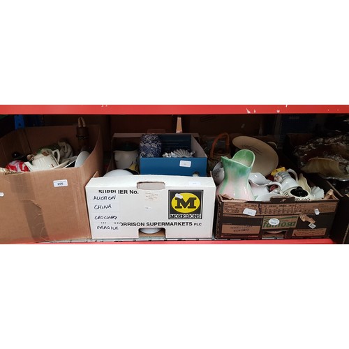 206 - 4 boxes of mixed ceramics including blue and white, teapots,  Denby, paperweights etc