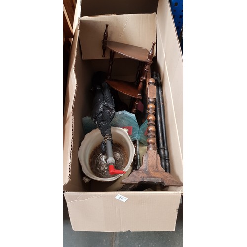 217 - A mixed box to include swing mirror, stool, tripod corner table, mirror, plant pot holder, etc