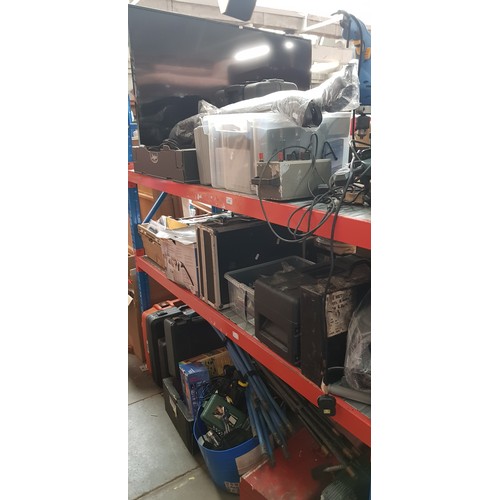 215 - Three shelves of power tools and garage ware  etc including chop saw, roof bars, drain rods, compres... 