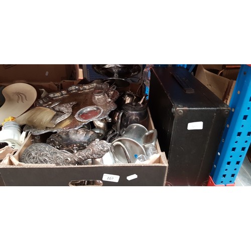 207 - A box of plated and pewter wares and a wind up gramophone
