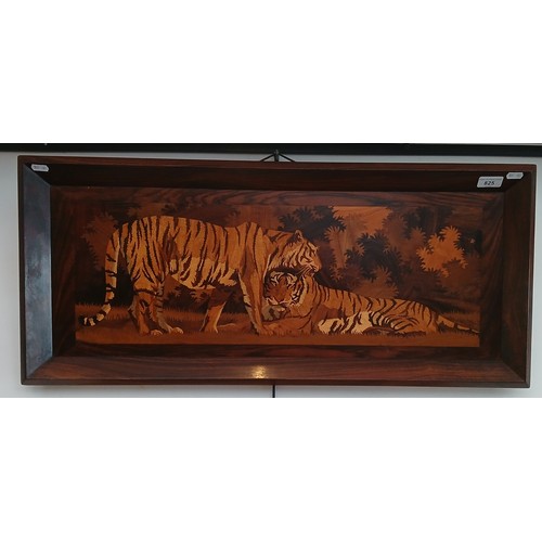 825 - A framed specimen wood marquetry panel depicting two tigers, 82cm x 36cm (overall).