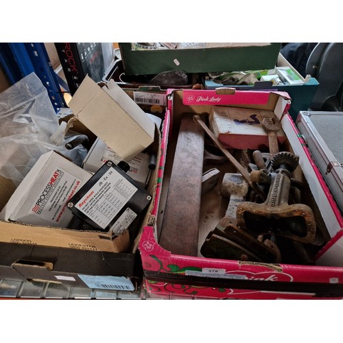 378 - 2 boxes of garage items including jack, vice, plastic pipe fittings, CH boiler fittings etc