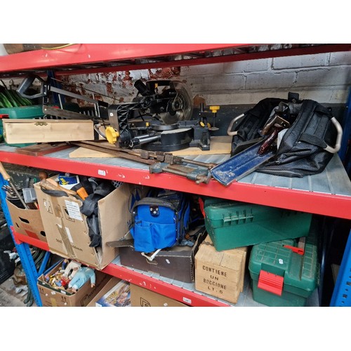 237 - Three shelves of garage wares to include toolboxes and contents, boxes and bags of tools and accesso... 