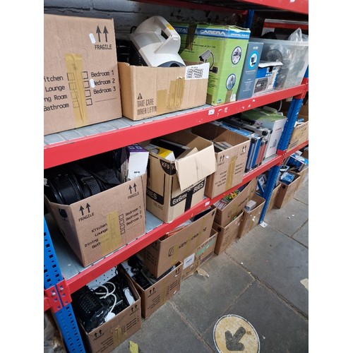 238 - Three shelves of mixed items to include kettle, wallpaper steamer, security camera, portable dvd pla... 