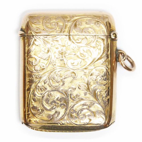 35 - A 9ct gold vesta case, bright cut engraved scroll design, sponsor D&S, Chester 1906, length 39mm, we... 