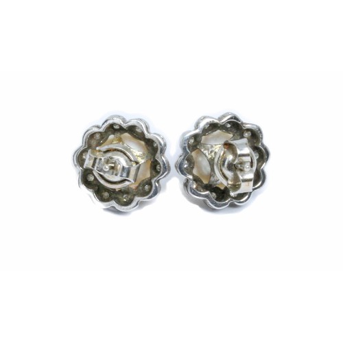 65 - FRED E ULLMAN, a pair of 18ct white gold diamond and cultured pearl ear studs, the pearls approximat... 