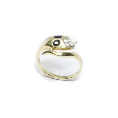 61 - A sapphire and colourless stone snake head ring, marked 858, gross weight 2.5g, size K.