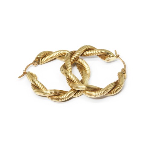 77 - A pair of 9ct gold twisted hoop earrings, International Convention marks, diameter 32mm, weight 5.4g... 