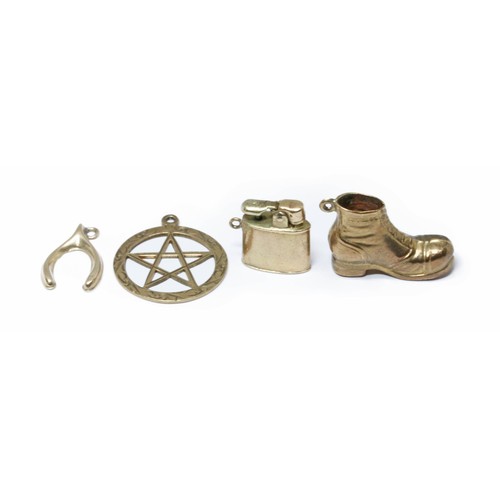 86 - A group of four hallmarked 9ct gold charms comprising a boot, a lighter, a horse shoe and a pentagon... 