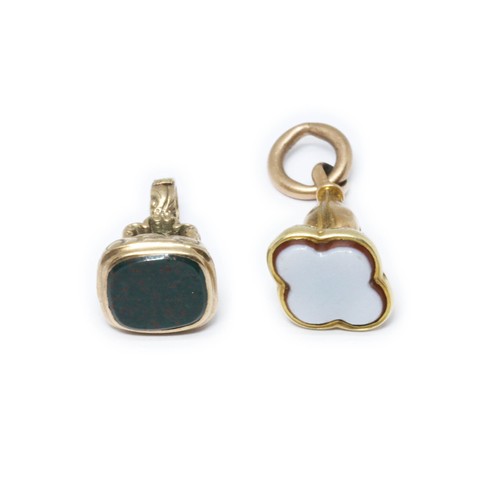 110 - A bloodstone seal fob marked 9ct and another unmarked, length 22mm & 34mm, gross weight 8.6g.