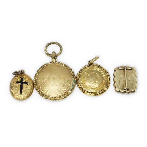 112 - 19th century yellow metal jewellery comprising three painted hair lockets and a plaited hair and bla... 