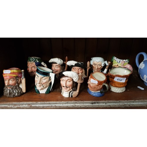 532 - 10 Royal Doulton small character jugs including The Mikado D6507, Ugly Duchess D6603 (chip to rim), ... 