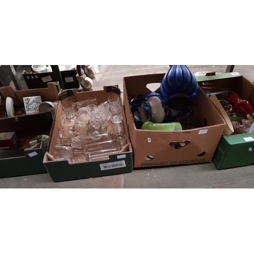 539 - Three boxes of glass and ceramics and a box with barometer and wooden box of costume jewellery etc.