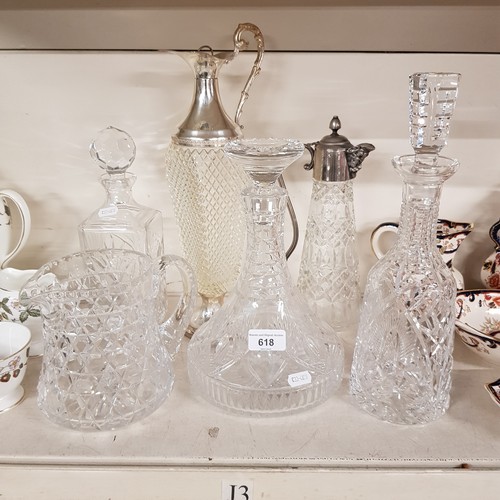 618 - Waterford Crystal decanter, Royal Doulton ships decanter, another decanter, a large jug and 2 claret... 