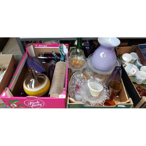 660 - Two boxes of mainly glassware including coloured glass, vases, etc.