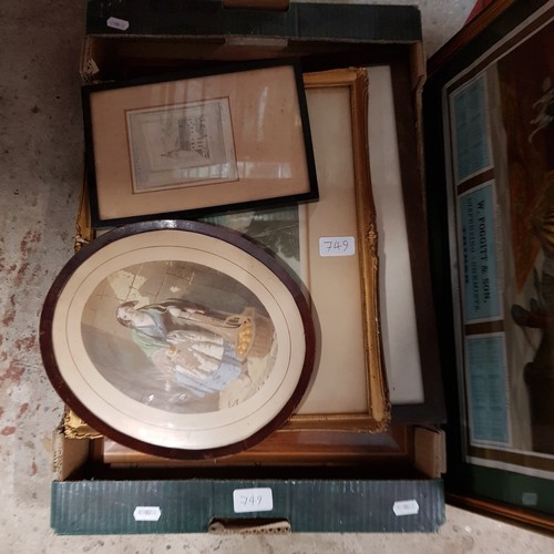 749 - A box of pictures and prints including watercolour signed 'H Langsford, 1946', continental marquetry... 