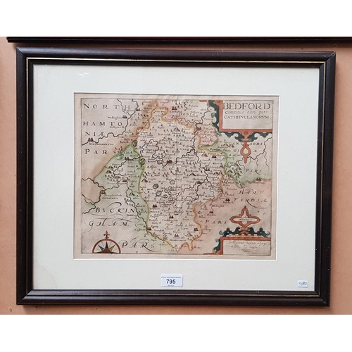 795 - An antique hand coloured map of Bedford by Kip, after Saxton, framed and glazed, 55cm x 45cm (overal... 