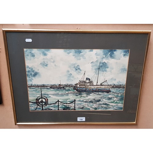 796 - Linda Poggio (20th century), pen, ink & watercolour, Mersey ferry, signed to lower right, framed and... 