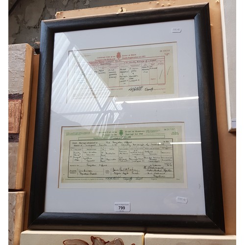 799 - A framed copy of John Lennon's birth & marriage certificates.