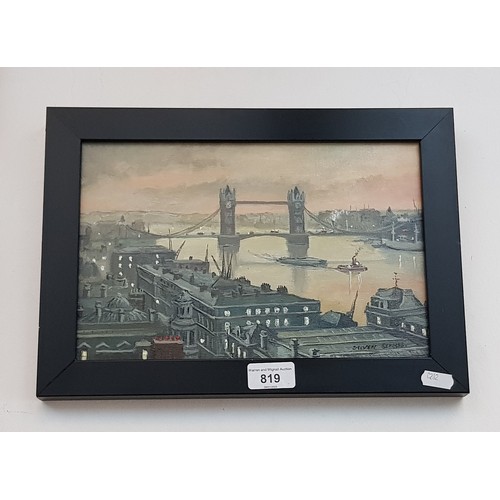 819 - Steven Scholes (British, b1952), 'Tower Bridge, City of London 1962', oil on canvas, 29cm x 19cm, si... 