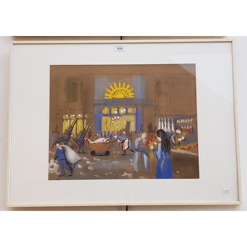 816 - French 20th century school, gouache, Au Soleil d'Or market scene, 46cm x 36cm, indistinctly signed t... 