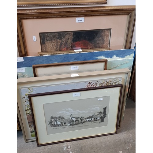 806 - Seven original works including oils signed 'H Grayson', watercolour depicting the Mersey Ferry, past... 