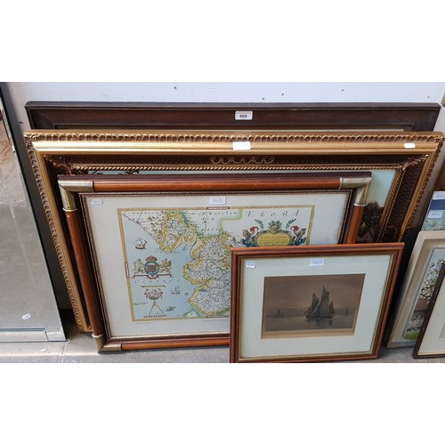 809 - A mixed lot comprising 20th century oil on canvas signed 'Ann Celia', framed map of Lancashire, sign... 