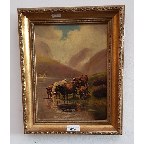 824 - John Shirley Fox (British 1860-1939), oil on canvas, Highland cattle watering, 20cm x 27cm, signed '... 