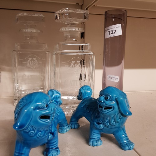 722 - Two Scotch Whisky decanters, glass vase and two small Chinese dogs of fo