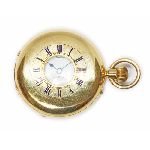 413 - AN 18CT GOLD HALF HUNTER POCKET WATCH, signed white enamel dial with Roman Numerals, spade and whip ... 