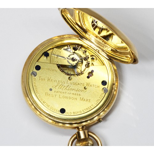 413 - AN 18CT GOLD HALF HUNTER POCKET WATCH, signed white enamel dial with Roman Numerals, spade and whip ... 