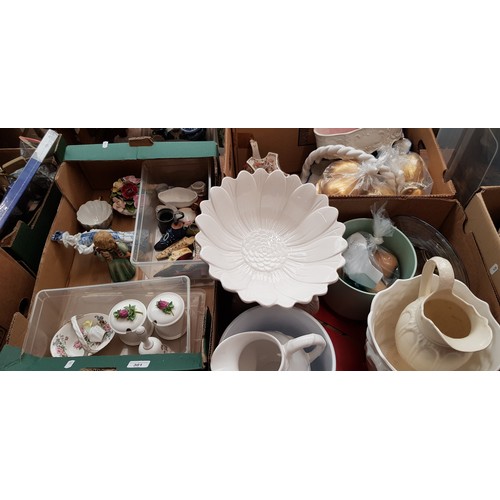 301 - 3 boxes of mixed ceramics including larger Goebel figure, Just The Right Shoe, ceramic posy, jugs an... 