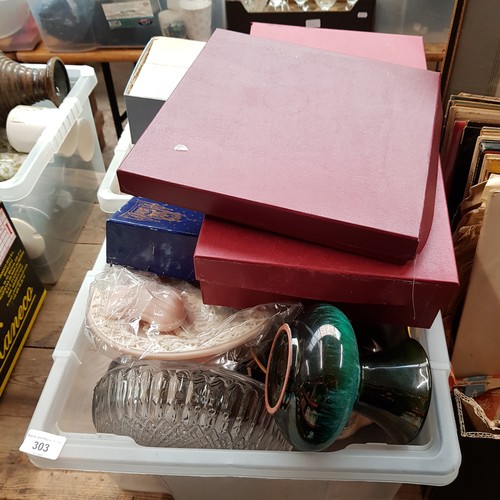 303 - 2 boxes of ceramics and glass including Cranmore cut crystal wine glasses, tea wares, etc.