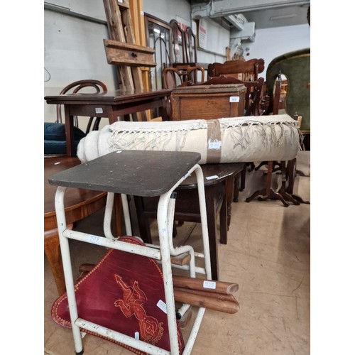 979 - A mixed lot comprising folding step stool, leather seat stool, two oak work tables, small Chinese ca... 