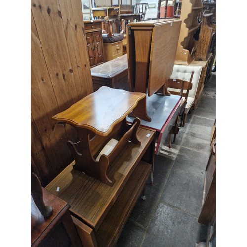 961 - A mixed lot comprising 1950s melamine top kitchen/dining table, teak drop leaf table and two chairs,... 