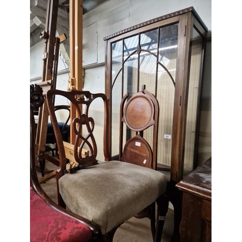 985 - A mixed lot comprising mahogany display cabinet, folding cake stand and a chair.