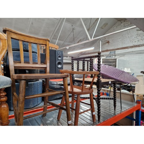 994 - A mixed lot of chairs comprising chapel chair, child's chair, bobbin turned corner chair and a retro... 