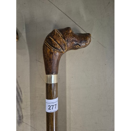 277 - A bundle of six walking sticks including snakeskin, military swagger stick, carved wood, dog's head ... 