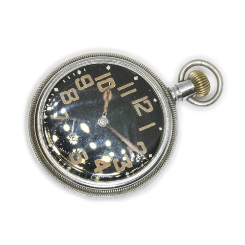 464 - WALTHAM, a WWII Royal Navy military pocket watch, black dial, case back marked 8628 over broad arrow... 