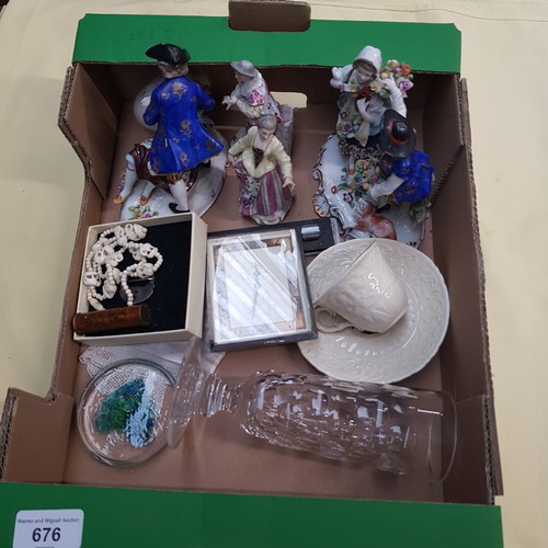 676 - Box with Continental porcelain figures, Art Deco small clock etc.