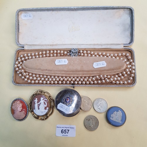 657 - A mixed lot of jewellery and collectables including three strand simulated pearl necklace, hallmarke... 