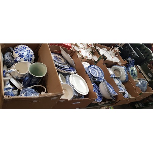 680 - Five boxes of various blue and white pottery and china