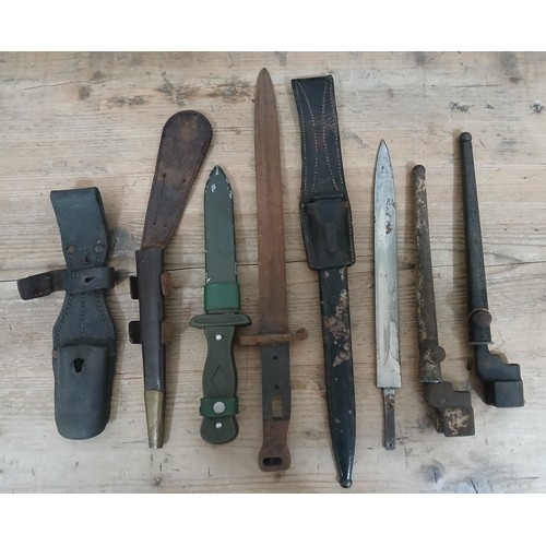 45 - Assorted knives, bayonets and scabbards including an FS leather scabbard etc.