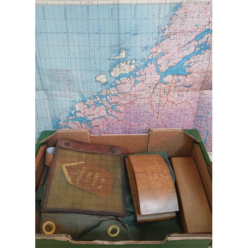 102 - Assorted military including a kit bag, a map case, a map of Trondhjem and a marquetry cigarette box.