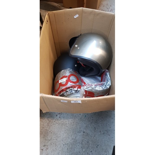 383 - Two open face motorcycle helmets, one close face helmet and six open face motorcyle helmet visors (4... 