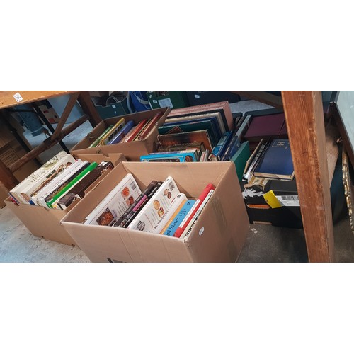 384 - Five boxes of assorted books to include art and cooking etc.